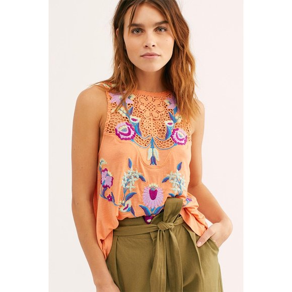 Free People Tops - NWT Free People Flower Power Floral Embroidered Lace Tank Top Coral Medium